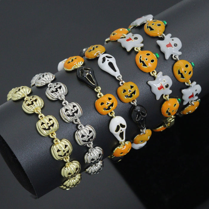 Gold Silver Halloween Ghost Pumpkin Charm Chain Bracelet, Sku#A520