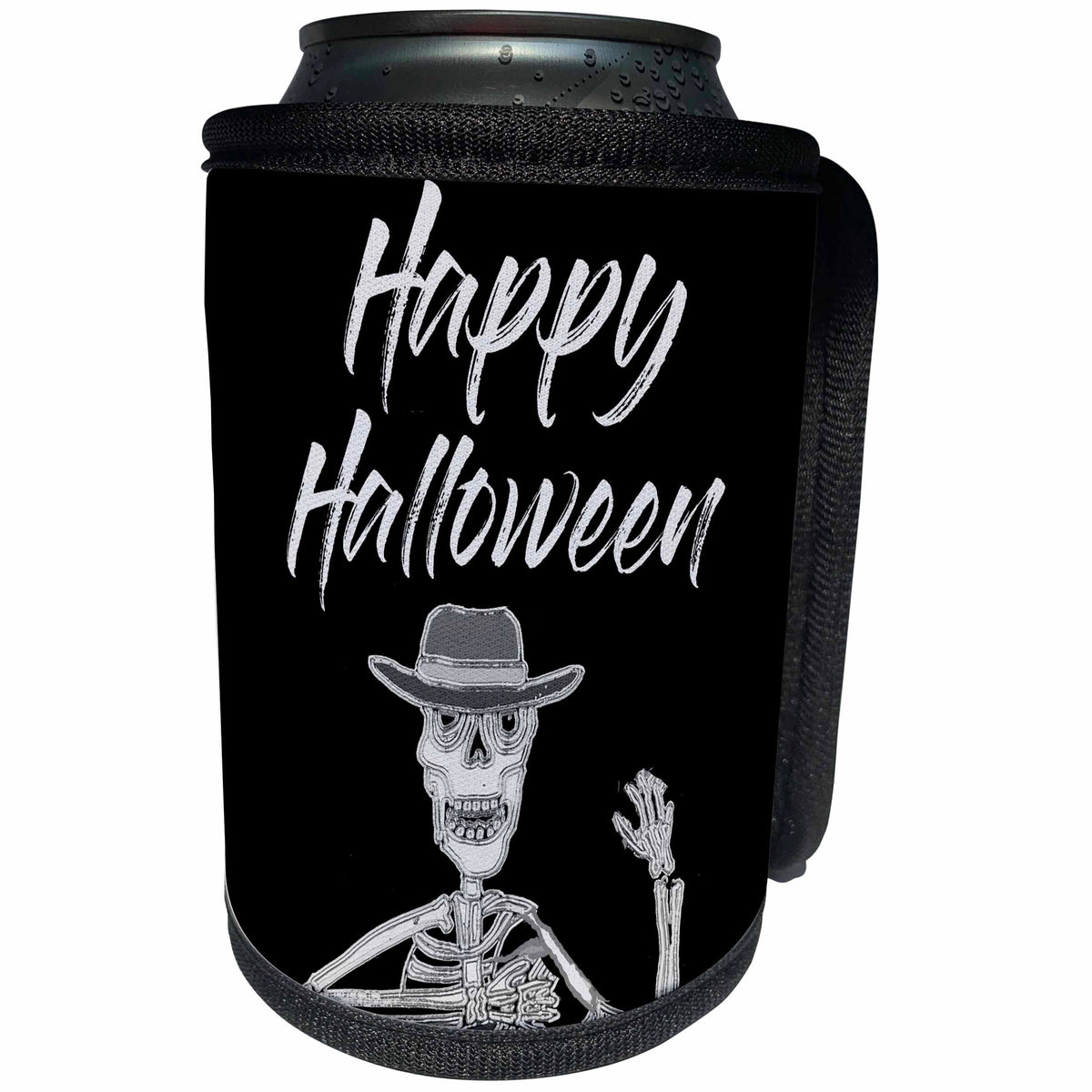 3dRose All Smiles Art - Holidays - Cute Funny Happy Halloween with Distressed Art Seleton Cartoon - Can Cooler Bottle Wrap (cc_325571)