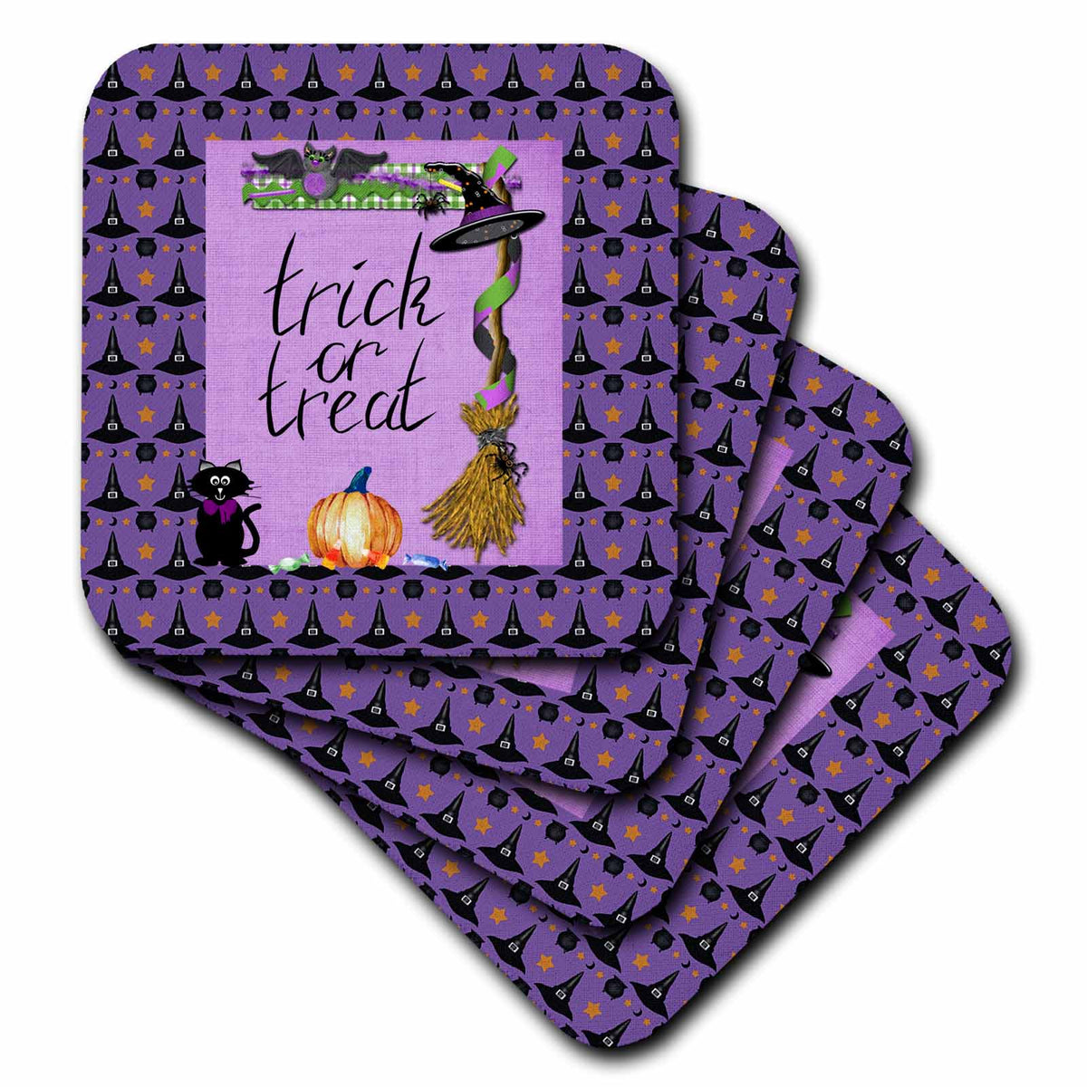 3dRose Beverly Turner Halloween Design - Cat, Bat, Broom, Hat, Pot, and Pumpkin, Black, Purple, Orange, Green - Coasters (CST_325292)