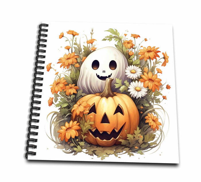 3dRose Fall Floral Jack O Lantern and Ghost Halloween Illustration - Drawing Books (db-384089)