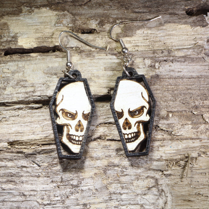 Skull Coffin Wooden Dangle Earrings | Gothic Halloween Jewelry