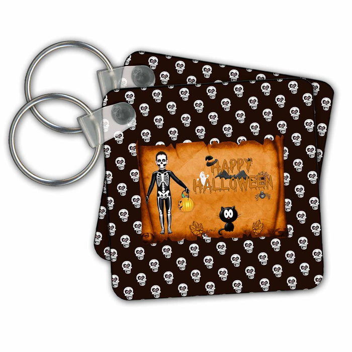 3dRose Key Chains Image of Skeleton, Cat, Bats, Ghosts, Spider on Happy Halloween (kc-338522-1)
