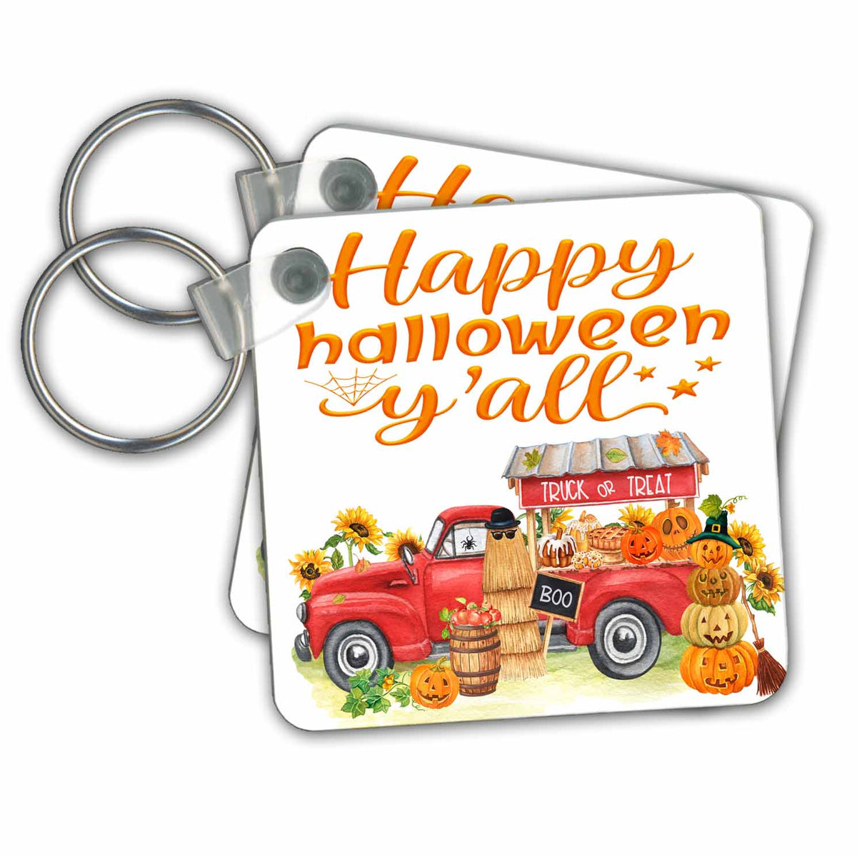 Key Chain - Happy Halloween Yall Truck Or Treat Truck and Pumpkins All Holiday Greetings
