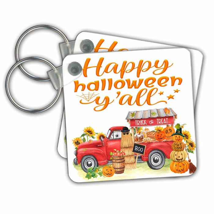 Key Chain - Happy Halloween Yall Truck Or Treat Truck and Pumpkins All Holiday Greetings