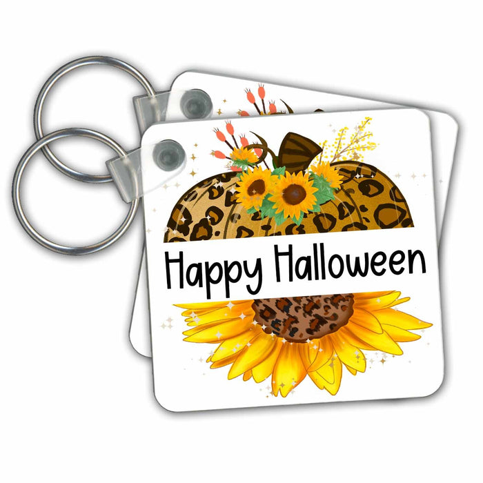 Key Chain - Happy Halloween Half Leopard Pumpkin and Sunflower All Holiday Greetings