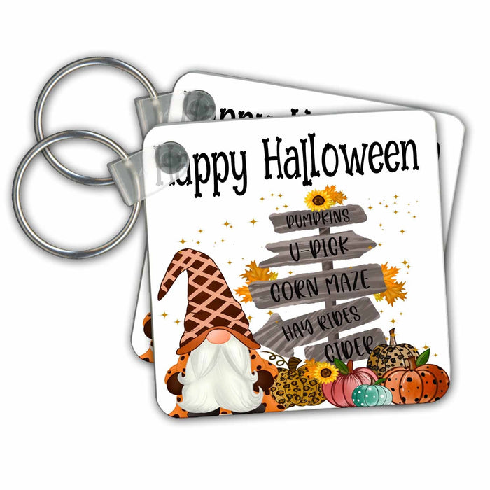 Key Chain - Happy Halloween Cute Fall Gnome With Sign and Pumpkins All Holiday Greetings