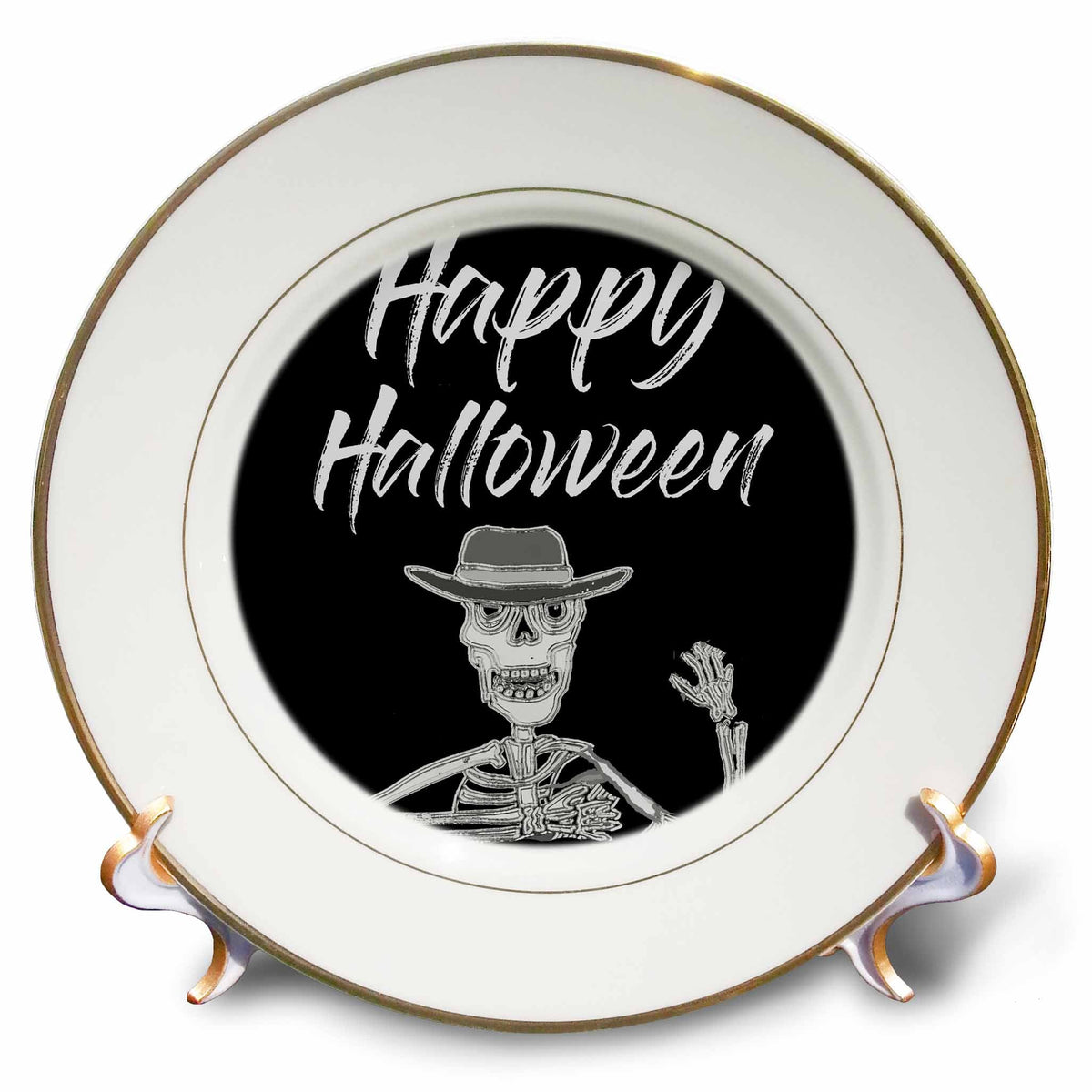 3dRose All Smiles Art - Holidays - Cute Funny Happy Halloween with Distressed Art Seleton Cartoon - Plates (cp_325571)