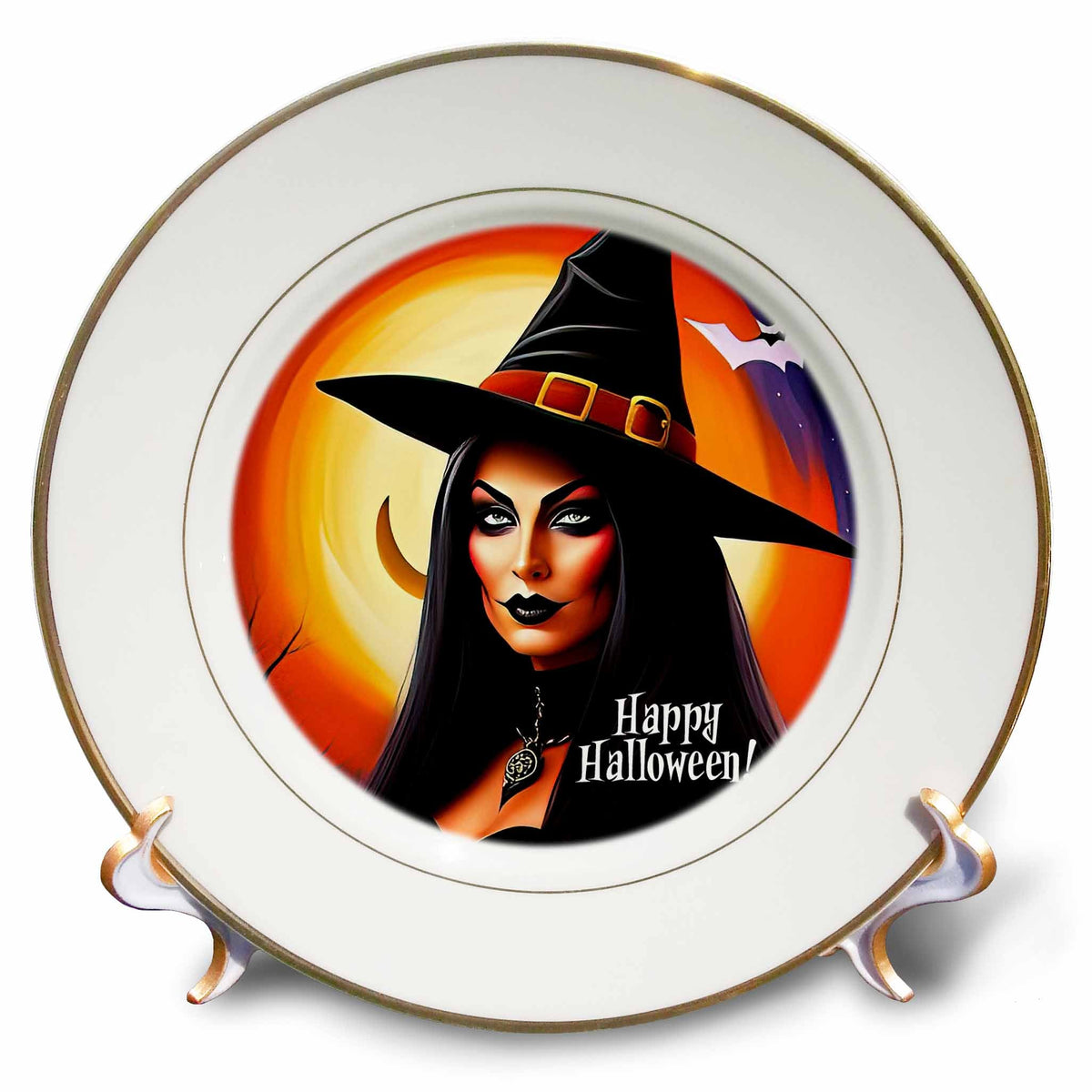 3dRose Classy witch woman. Large moon. Happy Halloween greeting card for all - Plates (cp-378860)