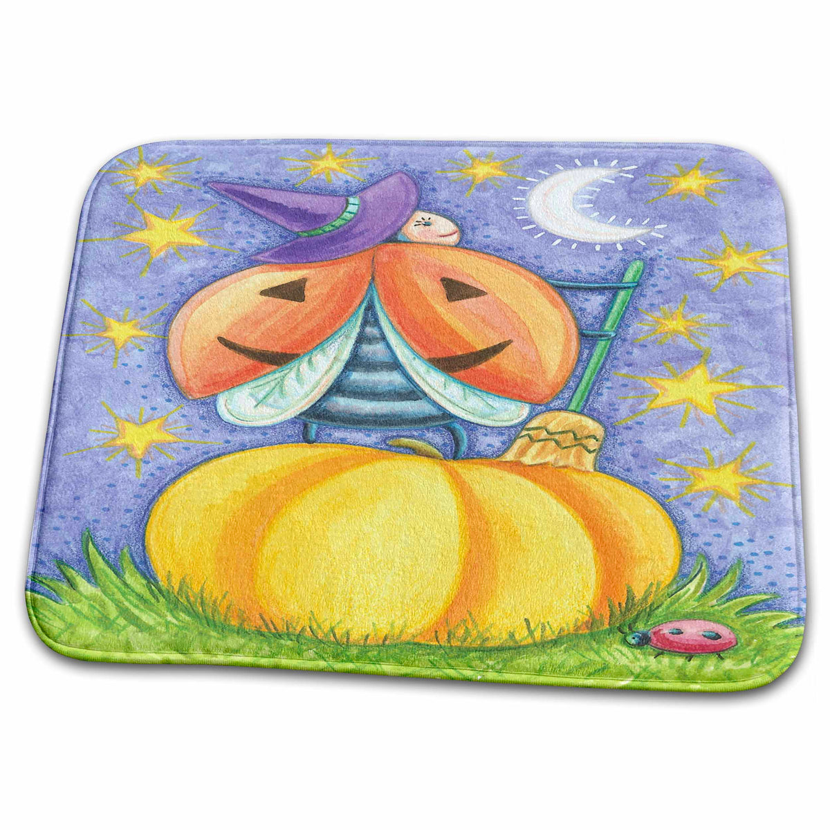 Dish Drying Mat - Cute Halloween Lady Bug Witch On A Pumpkin Illustration Halloween