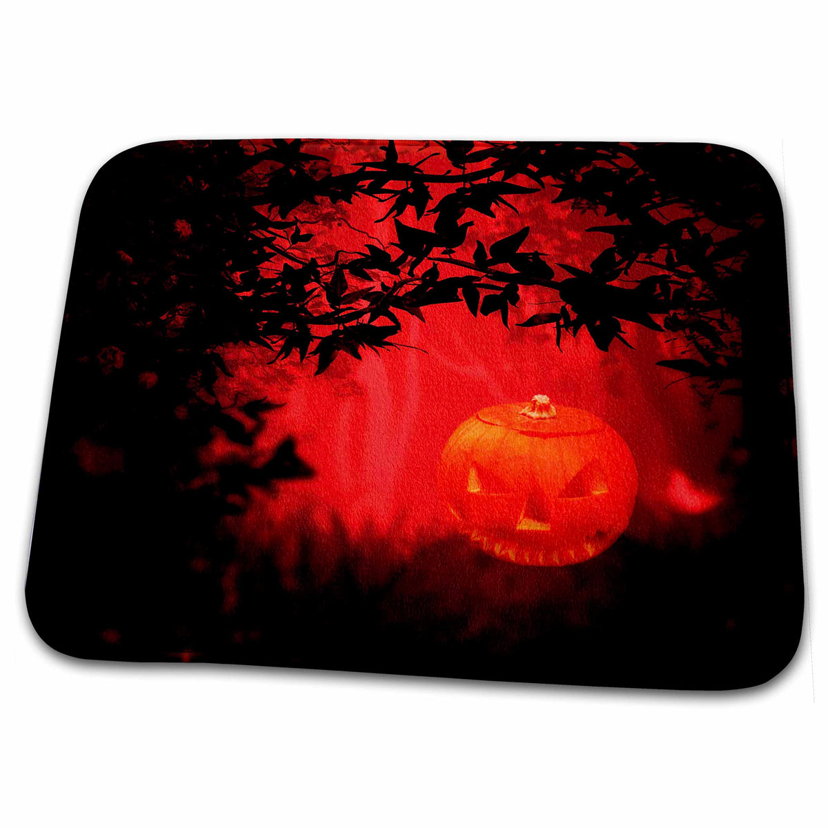 Dish Drying Mat - Halloween Tree On Red With A Scary Pumpkin Halloween