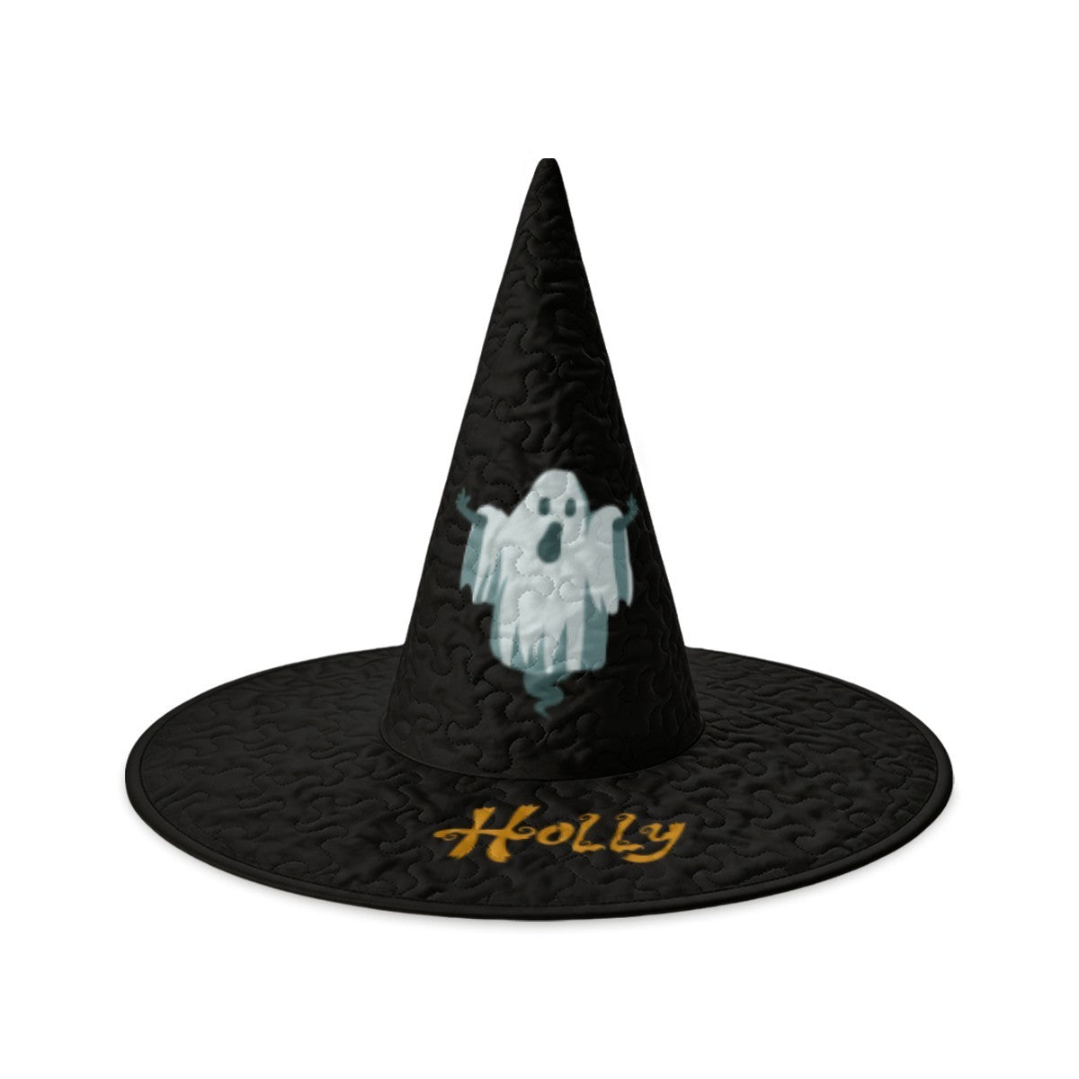 Personalized Ghost Halloween Witch Hat with Custom Name - Illustrated Ghost Character on All-Black Quilted Costume Hat for Adults and Teens