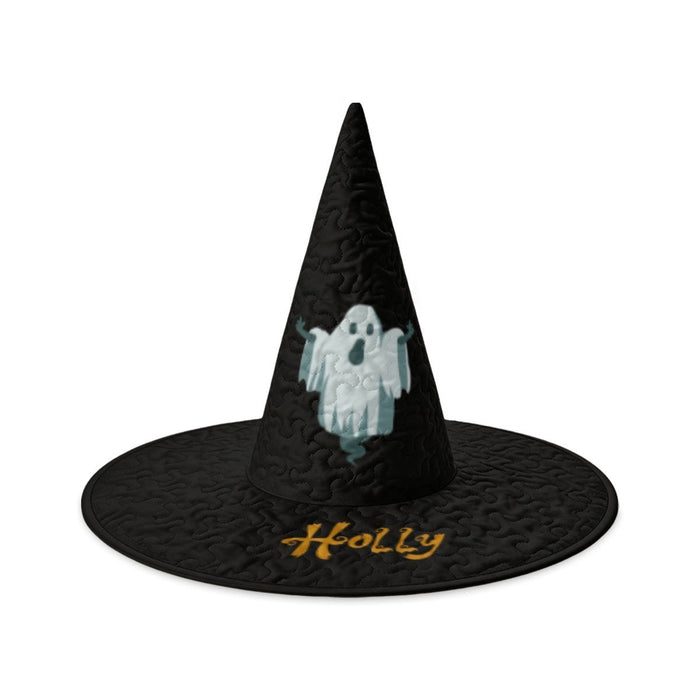 Personalized Ghost Halloween Witch Hat with Custom Name - Illustrated Ghost Character on All-Black Quilted Costume Hat for Adults and Teens