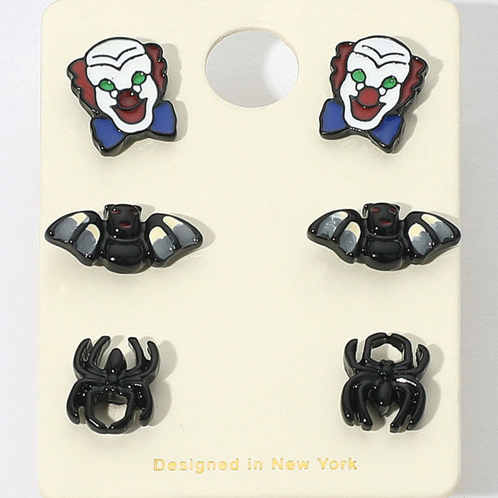 3Pairs - Halloween Clown Bat Spider Stud Earring Set
