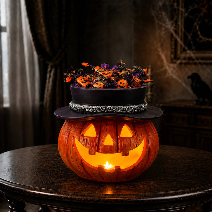 Halloween Pumpkin Candy Bowl with Witch Hat
