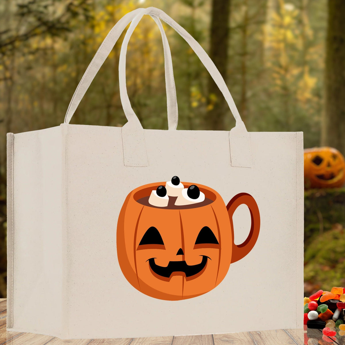 Halloween Trick or Treat Tote Bag Halloween Tote Bag for Kids Halloween Gift Halloween Candy Bag Halloween Doodles Cute Canvas Tote Bag