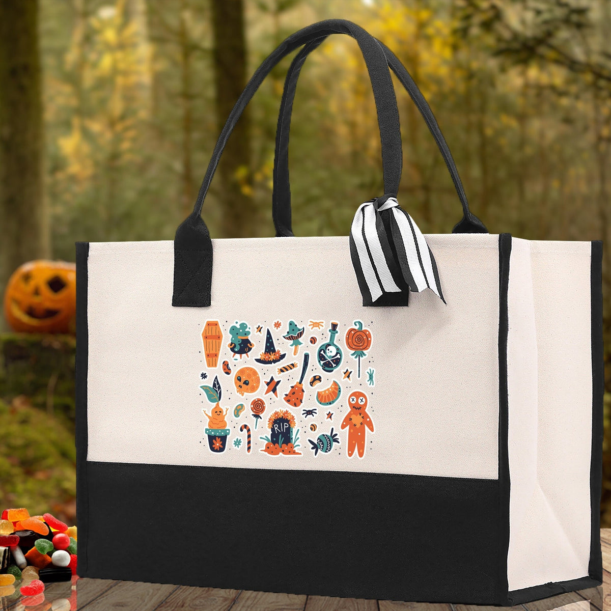Halloween Trick or Treat Tote Bag Halloween Tote Bag for Kids Halloween Gift Halloween Candy Bag Halloween Doodles Cute Canvas Tote Bag