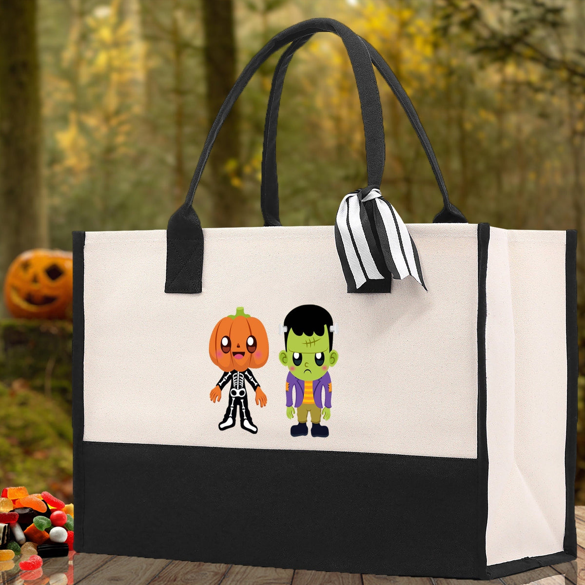 Halloween Trick or Treat Tote Bag Halloween Tote Bag for Kids Halloween Gift Halloween Candy Bag Halloween Doodles Cute Canvas Tote Bag