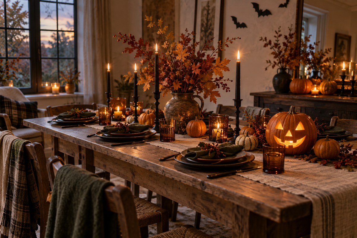 Autumn pumpkins and candlelight on a gathering table