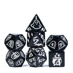 Halloween Black w/White | Pumpkin/Ghost/Bat/Cauldron 7-Dice Set DND
