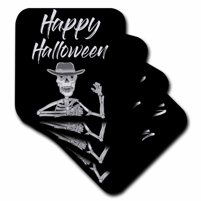 3dRose All Smiles Art - Holidays - Cute Funny Happy Halloween with Distressed Art Seleton Cartoon - Coasters (cst_325571)