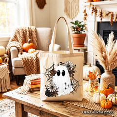 Floral Ghost Tote Bag, Neutral Boho Halloween Spider Web Gift Shopper
