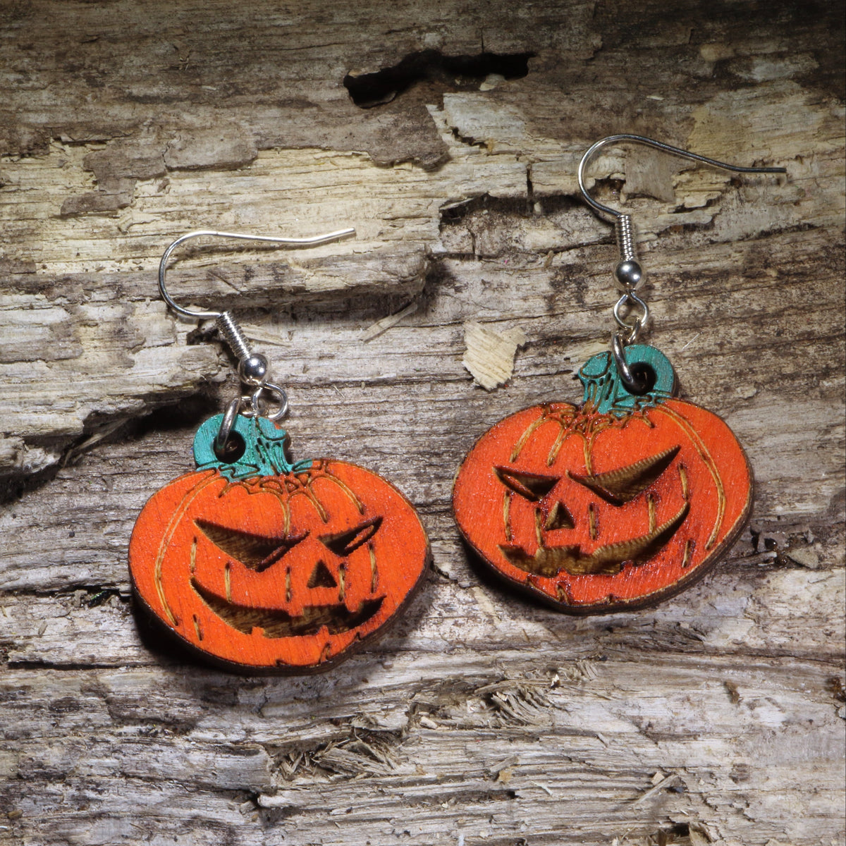 Jack-O-Lantern Wooden Dangle Earrings | Halloween Spooky Jewelry