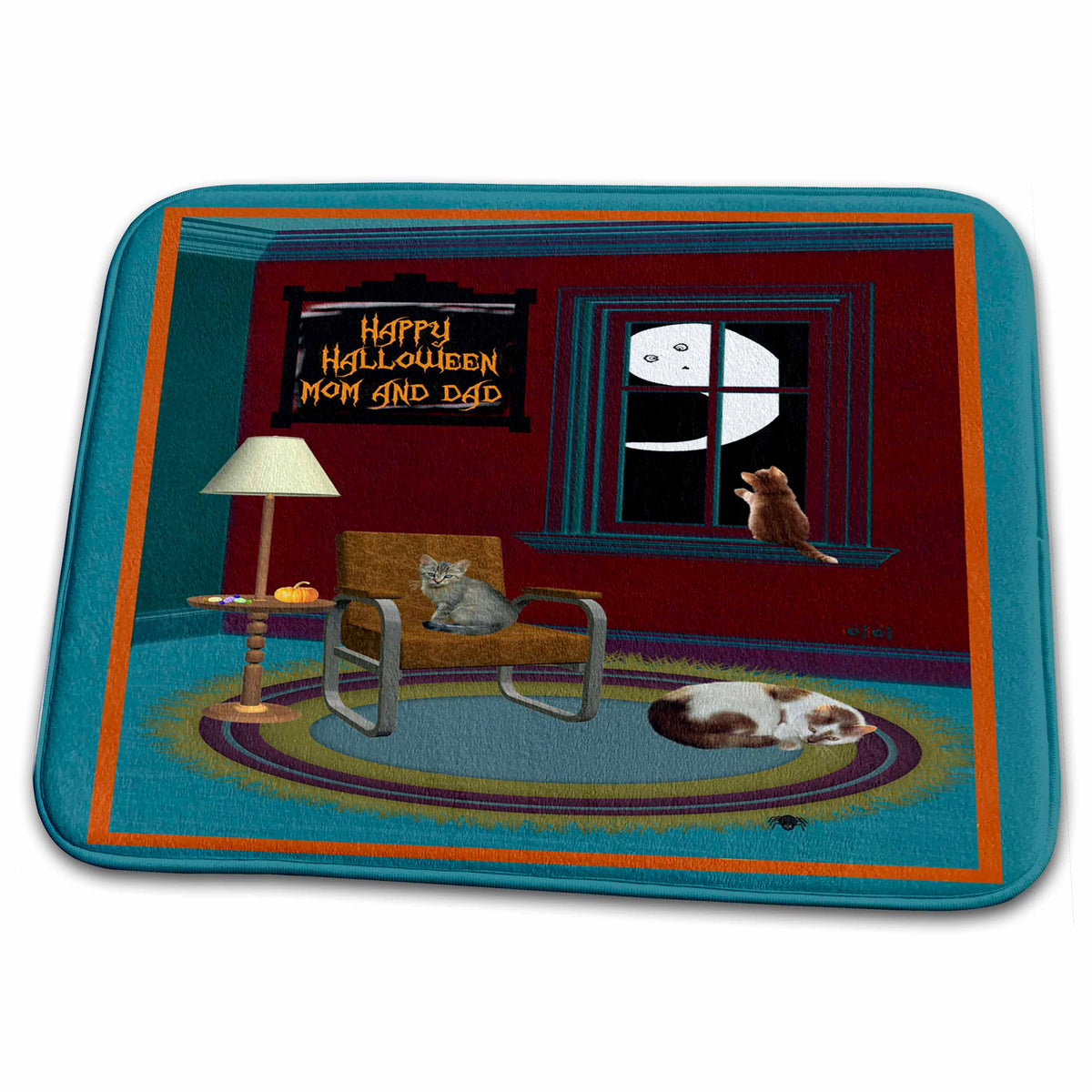 Dish Drying Mat - Ghost, Spider, and Cats in a Room, Happy Halloween Mom and Dad Halloween Design