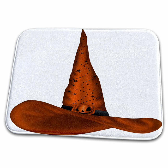 3dRose Orange Shiny Halloween Witches Hat With Stars and A Pumpkin - Dish Drying Mats (ddm-216940)
