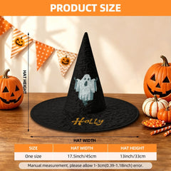 Personalized Ghost Halloween Witch Hat with Custom Name - Illustrated Ghost Character on All-Black Quilted Costume Hat for Adults and Teens