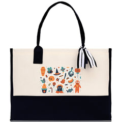 Halloween Trick or Treat Tote Bag Halloween Tote Bag for Kids Halloween Gift Halloween Candy Bag Halloween Doodles Cute Canvas Tote Bag